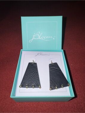 jBloom Faux Black Leather Tapered Drop Earrings with Gold Accents